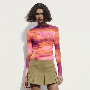 ZARA Ruched Tulle Top - Size Medium Pink/Orange/Purple